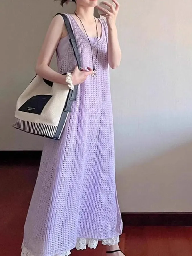 Conjunto de Vestido Longo de Malha Solto de Verão, Estilo Preguiçoso, Vestido com Alças em Camadas, Conjunto de Duas Peças pa...