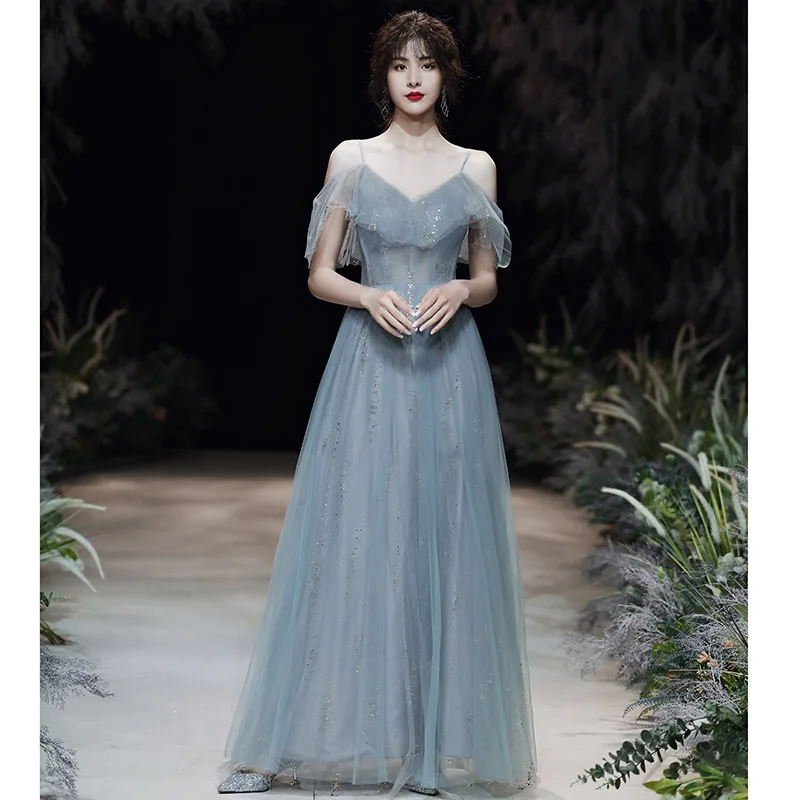 Grayish Blue Bridesmaid Dress 2023 New Women's Elegant A-Line Off The Shoulder Shiny Gilded Tulle Gown Simple Evening Dress