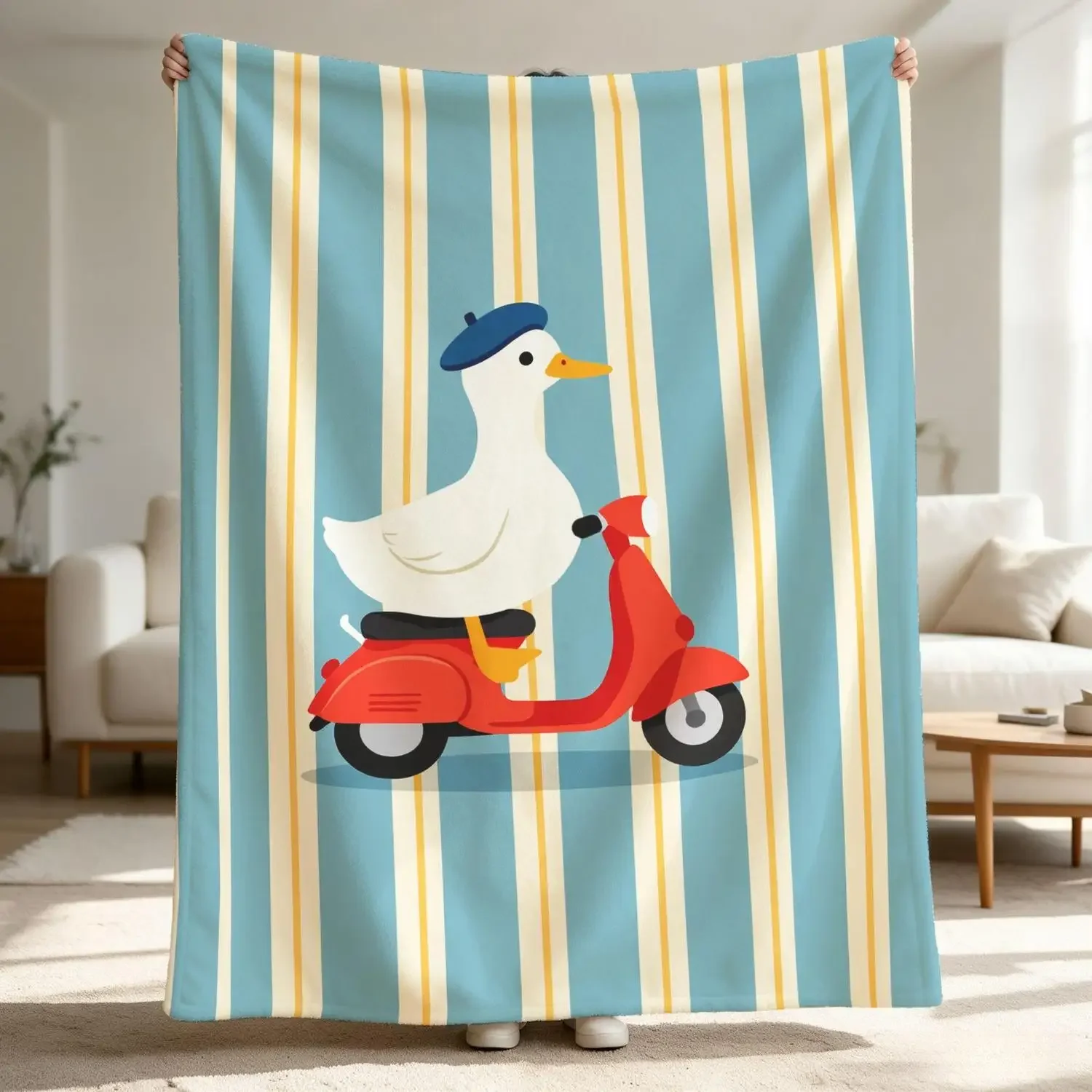 [Flannel Blanket] French-Style Retro Duck Riding a Scooter Striped Pattern Blanket, Gift for Animal Lovers, Home Decoration