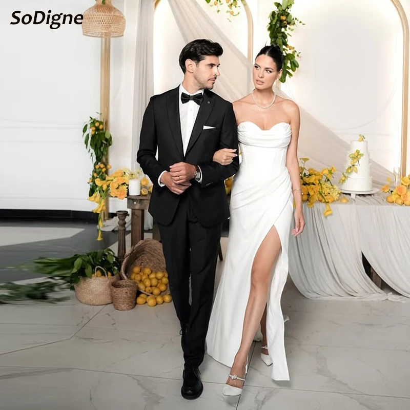 SoDigne Satynowa Suknia Ślubna Syrena Bez Rękawów z Dekoltem w Serek Suknie Ślubne 2025 Proste Suknie Ślubne vestidos de novia Personalizowane