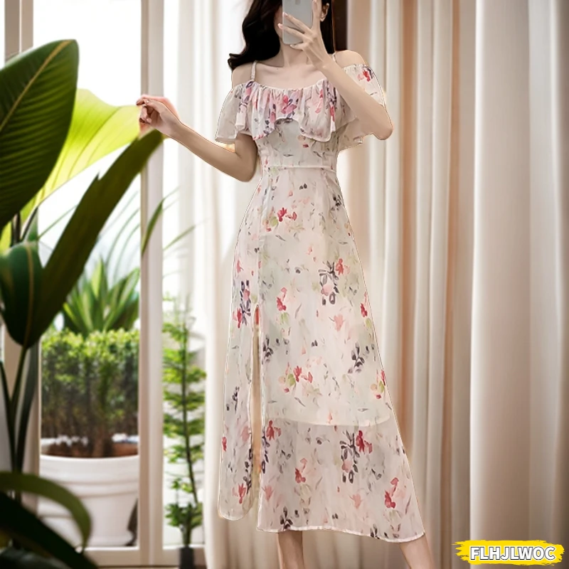 Romantic Holiday Honeymoon Sweet Dresses Women Japan Girls Cute Floral Retro Vintage Date Split Off Shoulder Long Maxi Dress