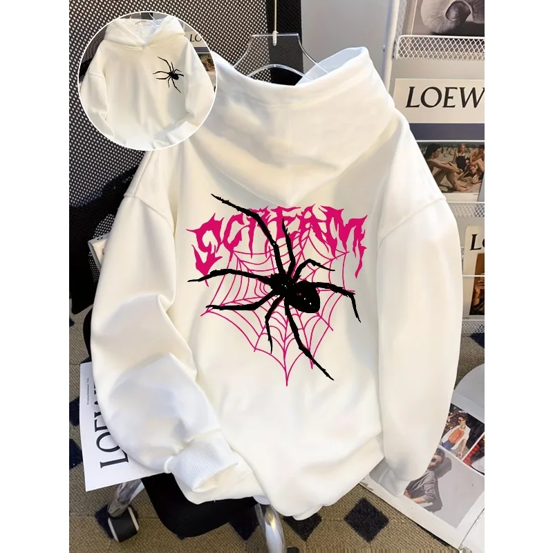 Double sided printed women's fashionable hooded sweatshirt, retro hooded sweatshirt with black and red spider web pattern