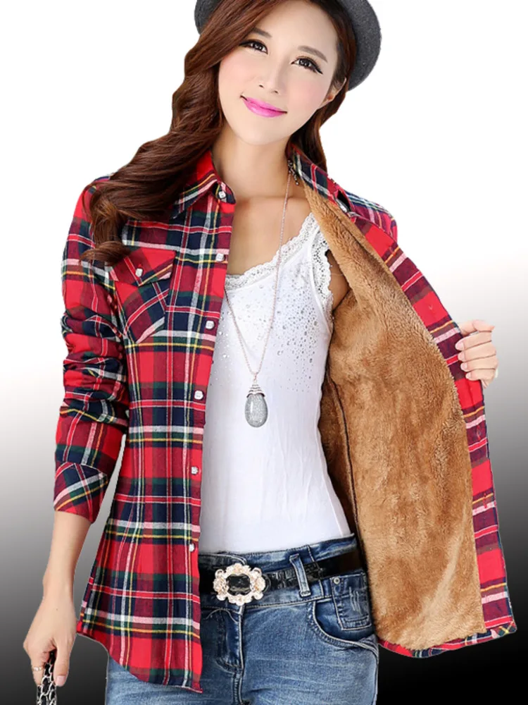 Thick velvet Blusas winter cotton long-sleeved women\'s plaid shirt flannel blouses feminina chemise femme camisas femenina tops