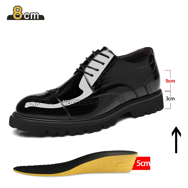 Brogues Height Increasing Patent Genuine Leather Shoes For Men Glossy Business Dress Shoes Point Toe Men's Wedding Shoes