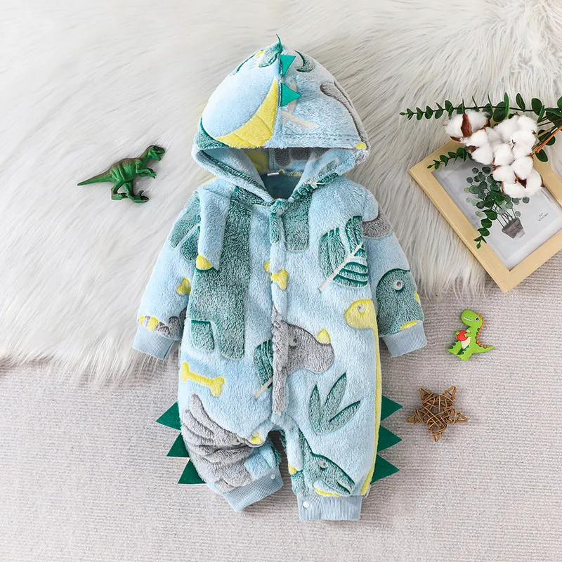 

RUEWEY 0 to 18 Months Baby Boy Plush Hooded Romper Casual Dinosaur Pattern Front Button Long Sleeve Jumpsuit for Infant