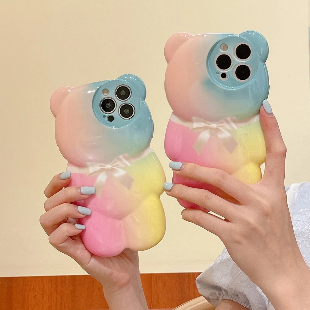 Colorful Bowtie Cute Little Bear shaped phone case for iphone 15 14 Plus 13 12 11 Pro Max XS MAX XR XS X Back Cover