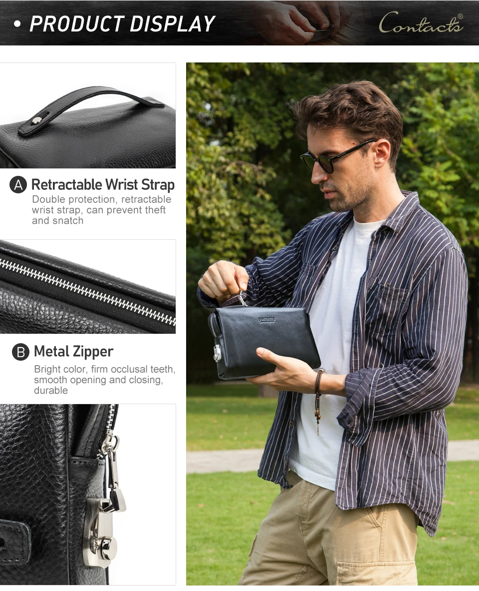 CONTACT'S Herren-Clutch mit Passwortschloss-Design, Langlebige Handtasche mit Reißverschluss, Herren-Geschäftslangbörse aus Echtleder, Handytasche – Detail 13