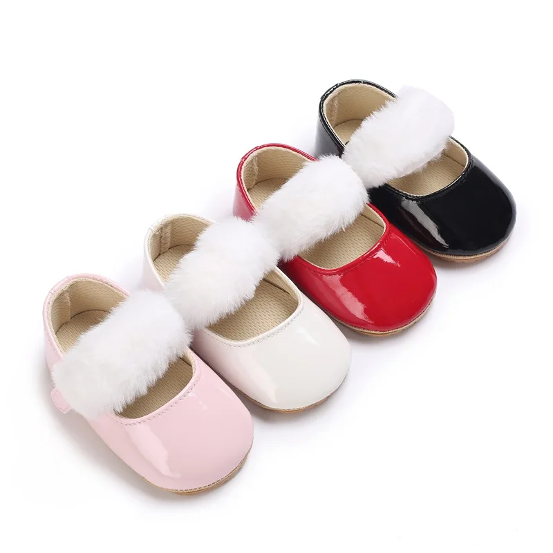 

2023-08-02 Lioraitiin 0-18M Toddler Baby Girls Princess Shoes Soft PU Leather Furry Patchwork Non-slip First Walker Shoes