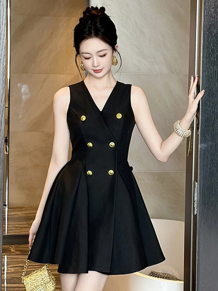 

Women Clothes Black Sexy V-Neck Sleeveless Slim Mini Short A-Line Dress Fashion Party Prom Vestidos Casual Formal Occasion New