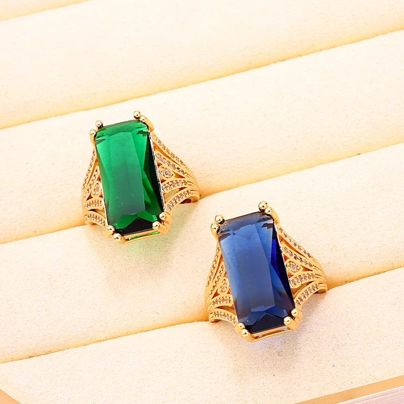 Unisex Square Stone Jewelry Rings Gold Plated Anillos Grandes De Mujer Ajustables Dubai Arabic Wedding Rings Bijoux Women