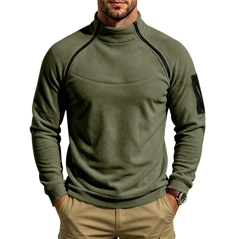Herren Herbst-Winter Schwerlast-Fleece-Sweatshirt, Stehkragen, Doppelreißverschluss, Lose Warme Outdoor-Wander-Freizeitjacke – Detail 13