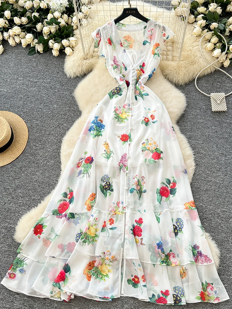 

Summer Women's Beach Vacation Printed Long Dress with Elegant Waist Cinched V-neck Ruffled Chiffon Dress