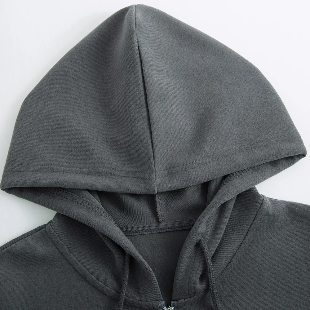 سترة نسائية خريفية جديدة بأكمام طويلة باللون الرمادي الداكن على الطراز الكوري من القطن الراقية مقاس كبير مع قلنسوة وسحاب مزدوج #5