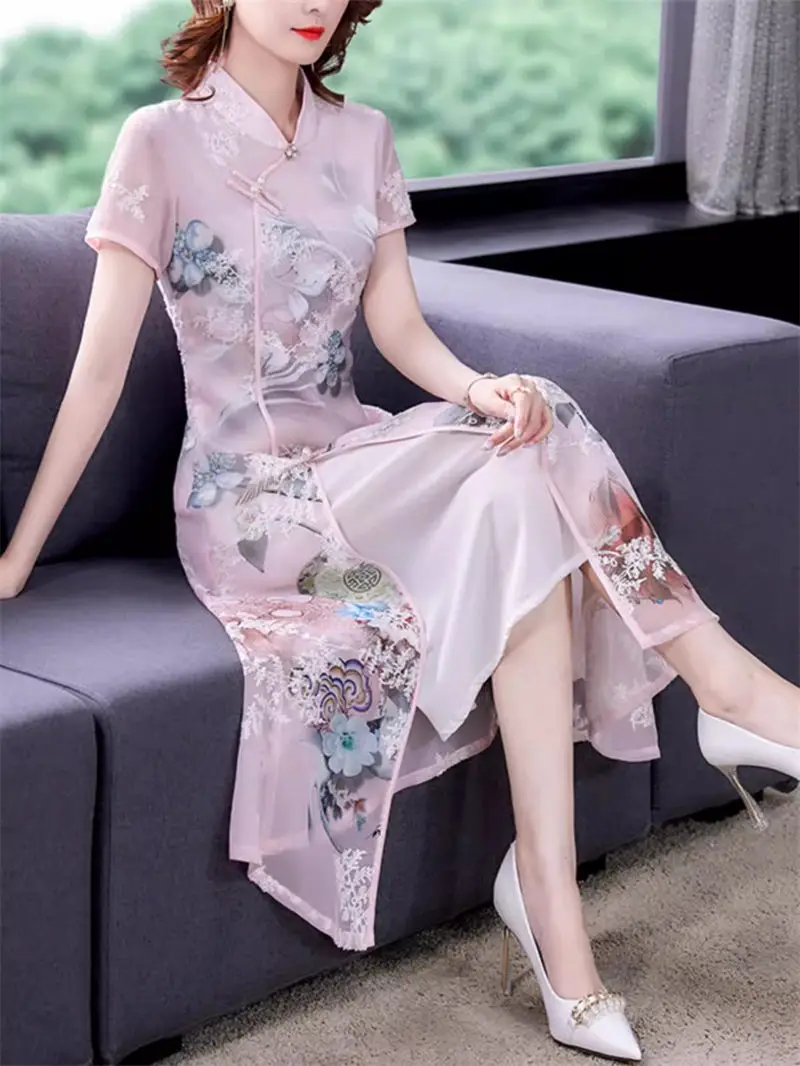 

Improved Aodai Qipao Dress Women's Summer 2024 New Young Mom Chinese Style Clothing Retro High End Elegance Chiffon Dress K928