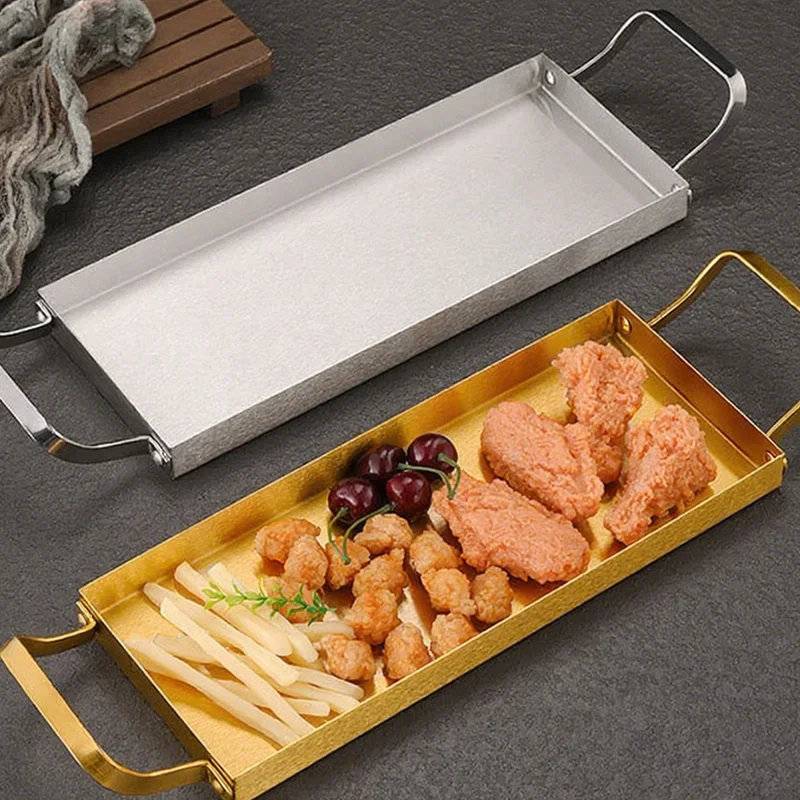 

Stainless Steels Flat Rectangle Kitchen Tray with Two Ears for Vegetables Fruits Delicious Food Large Capacity Plate Storage