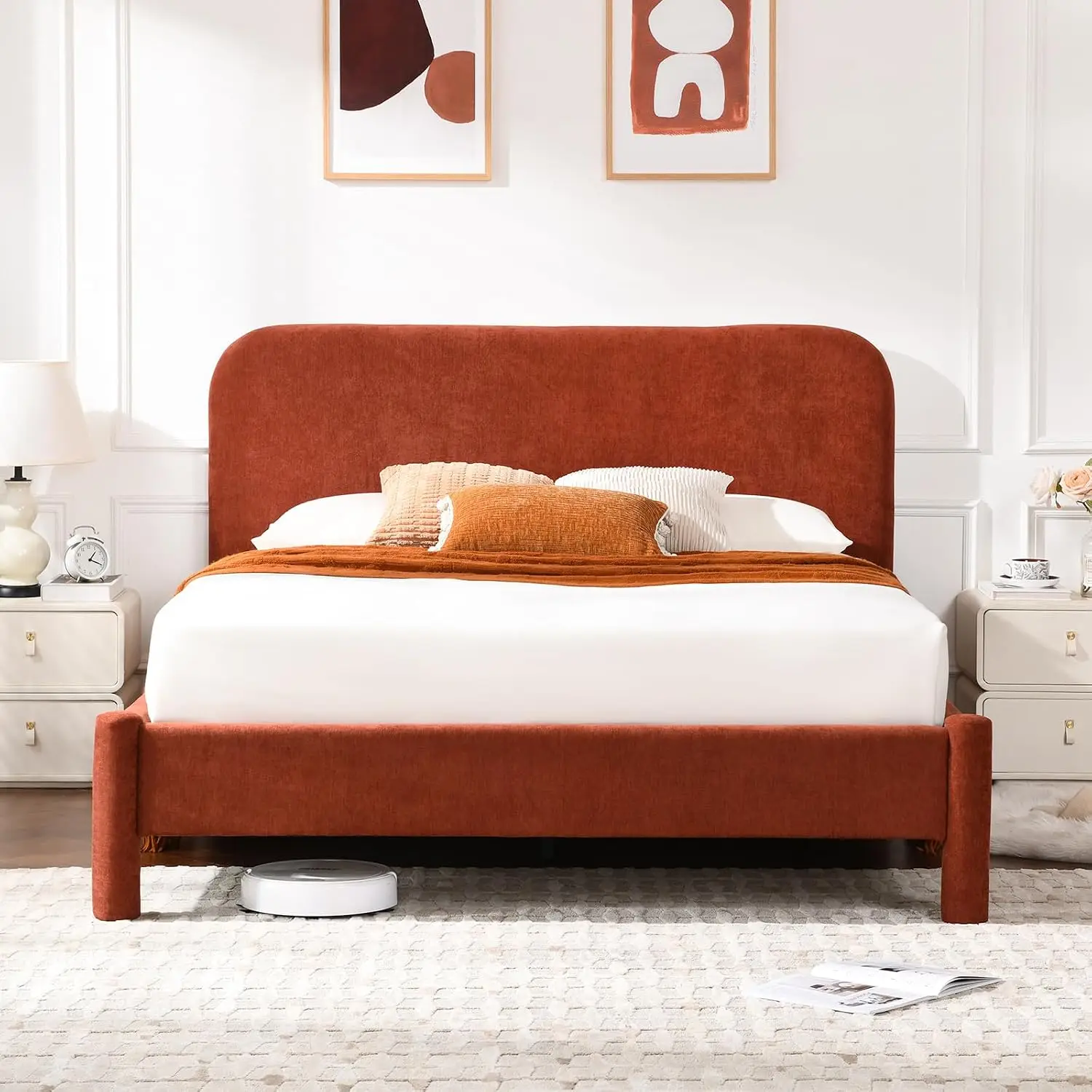 Upholstered Platform Bed Queen Curved Headboard Cylindrical Legs 30-Slat Support Easy Assembly, Customized