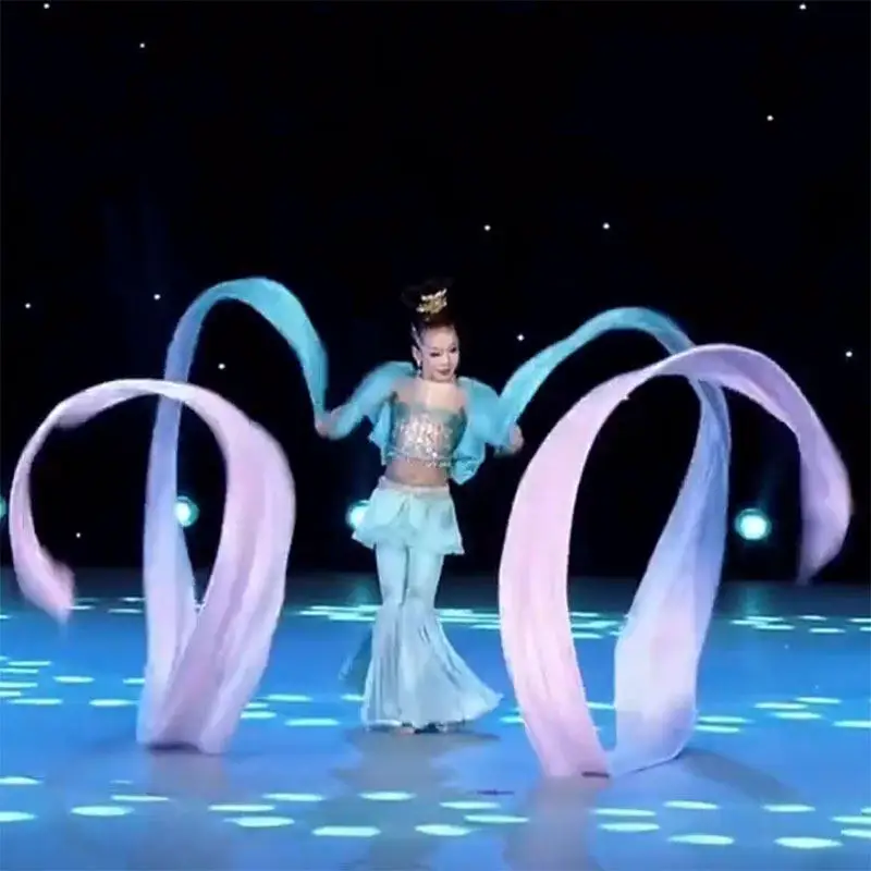 虹色模造シルクストリーマーベール-12m-ロングベリーダンス中国民族舞踊練習用小道具-敦煌舞踊ステージ衣装