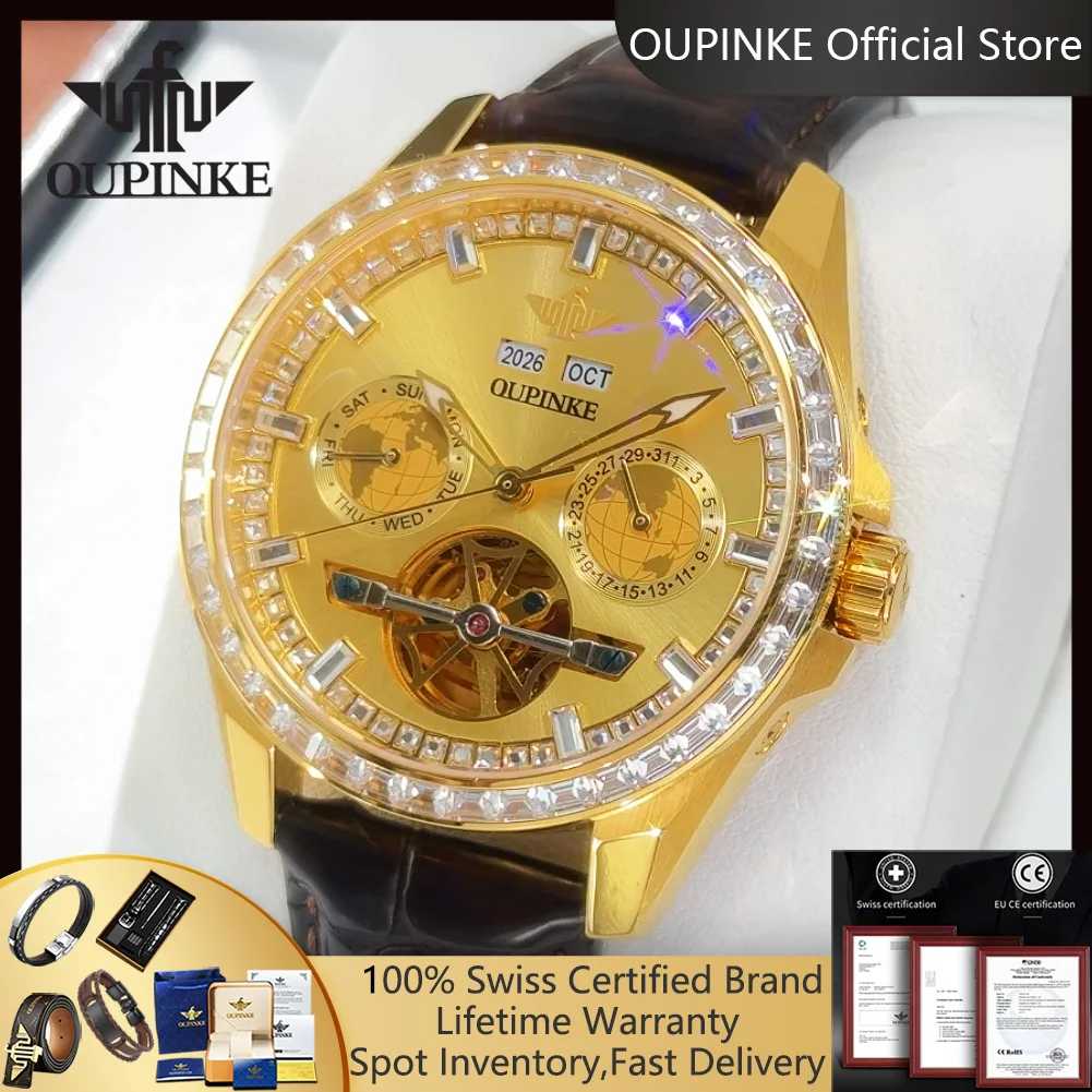 

OUPINKE 3280, многофункциональные автоматические механические часы для мужчин, кожаный ремешок, скелетонизированный маховик, роскошные мужские часы с бриллиантовым безелем