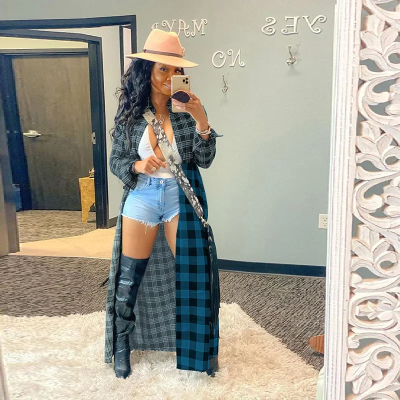 Casual Colorful Plaid Patchwork Long Shirt Coat 2023 Autumn and Winter New Fashion Turn-down Collar Single Breasted Cardigan