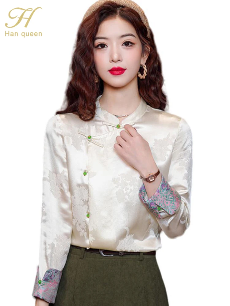 H Han Queen New 2024 Chinese Style Jacquard Satin Women's Shirts Simple Blouse Loose Top Casual Fine Elegant Blouses For Women