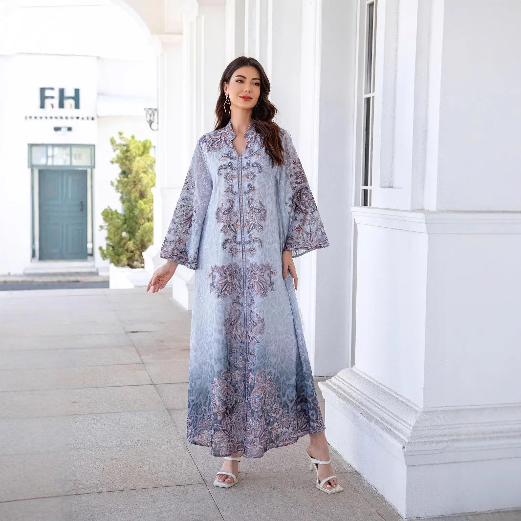 

Новое женское платье-абайя синего цвета с вышивкой и стразами, элегантное, роскошное, повседневное, модное, с длинным рукавом, V-образным вырезом, длиной до щиколотки