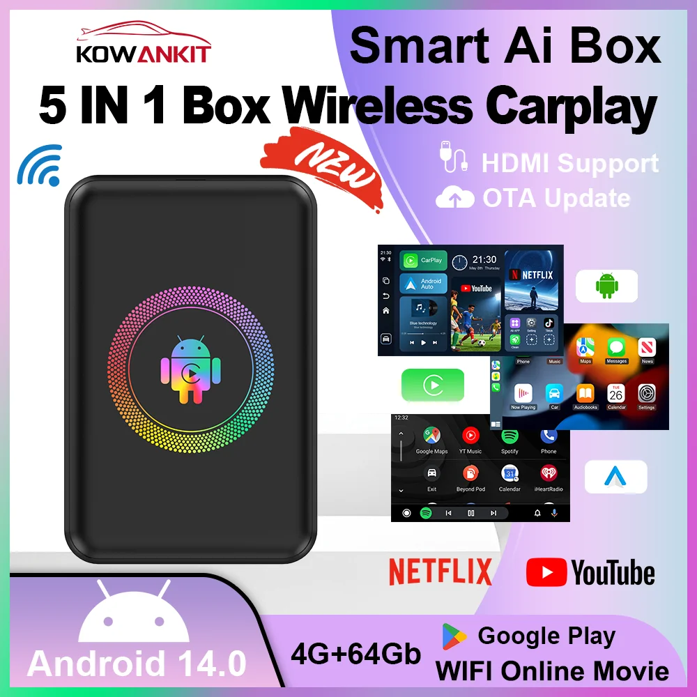 

Kowankit 5-в-1 Android 14 Беспроводной CarPlay AI Box Smart 4+64G HDMI Plug & Play Android Auto Автомобильный ТВ-бокс для YouTube Netflix 2026