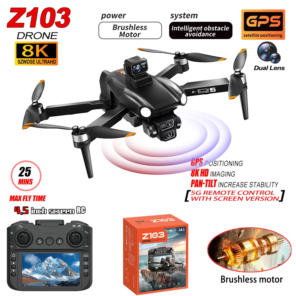 

2025 Новый Z103 4,5-дюймовый GPS-дрон с большим экраном 8K Профессиональная HD-двойная камера 360 для предотвращения препятствий Бесщеточный радиоуправляемый квадрокоптер Игрушка