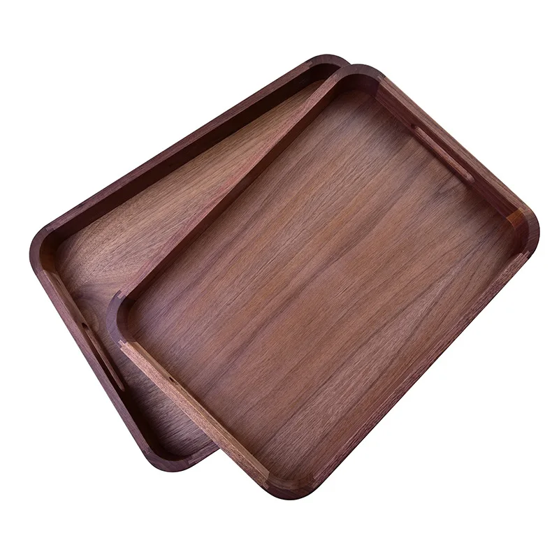 HeMu High Quality Black Walnut Mortise And Tenon Rounded Corner Tray Square Handheld Solid Wood Tray Hotel Home Fruit Tray