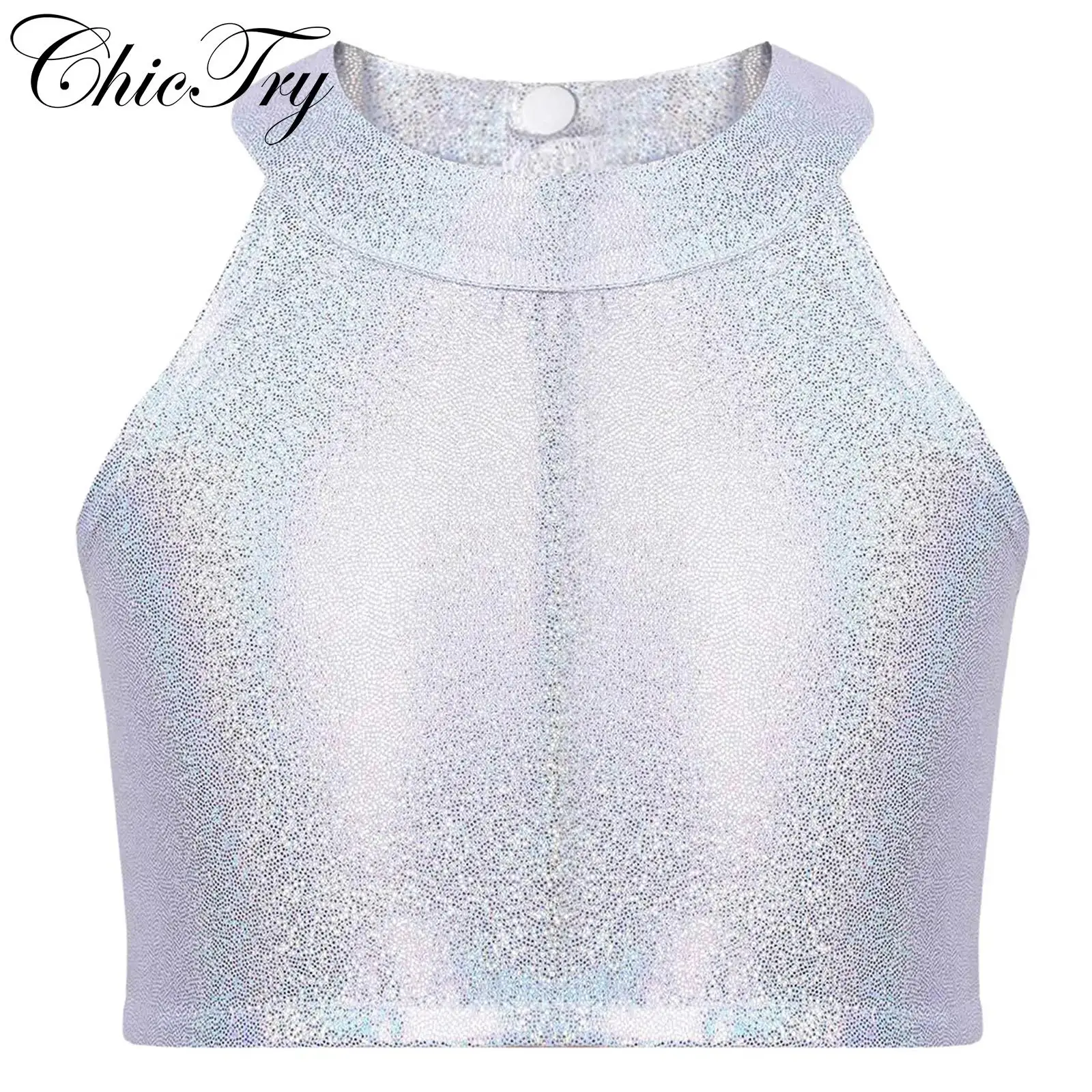 

Kids Girls Metallic Ballet Crop Tops Sleeveless Keyhole Back Hip Hop Dance Tank Top for Jazz Dance Stage Performance Costume