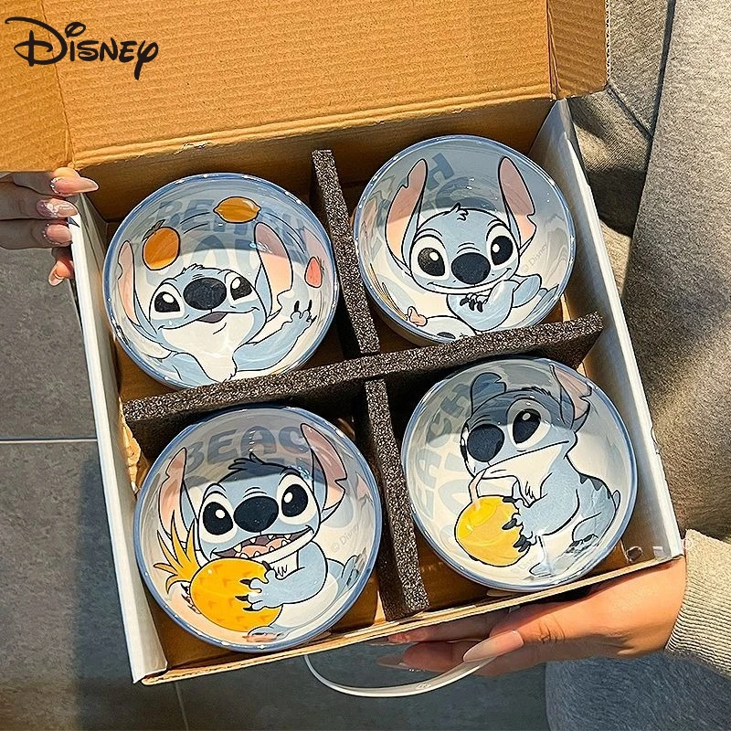 

Disney Lilo and Stitch Ceramic Bowl 4-piece Set Kawaii Cartoon Anime Printing Accessories Tableware Set Kitchen Supplies Gift
