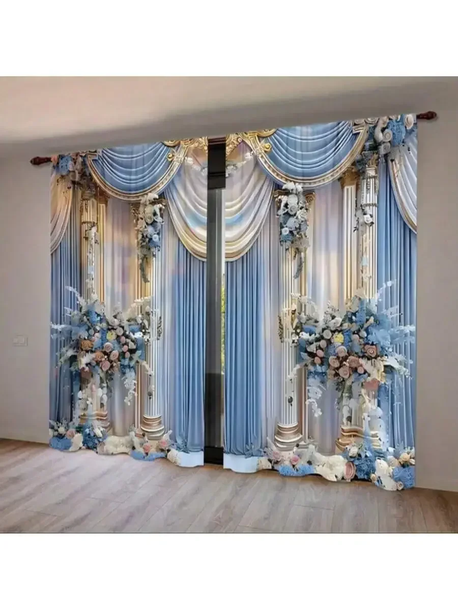 قطعتان من ستائر الزفاف المطبوعة على شكل زهرة زرقاء فاتحة، ستائر كيس عمود 42*84، ديكور منزلي، ديكور الغرفة #4