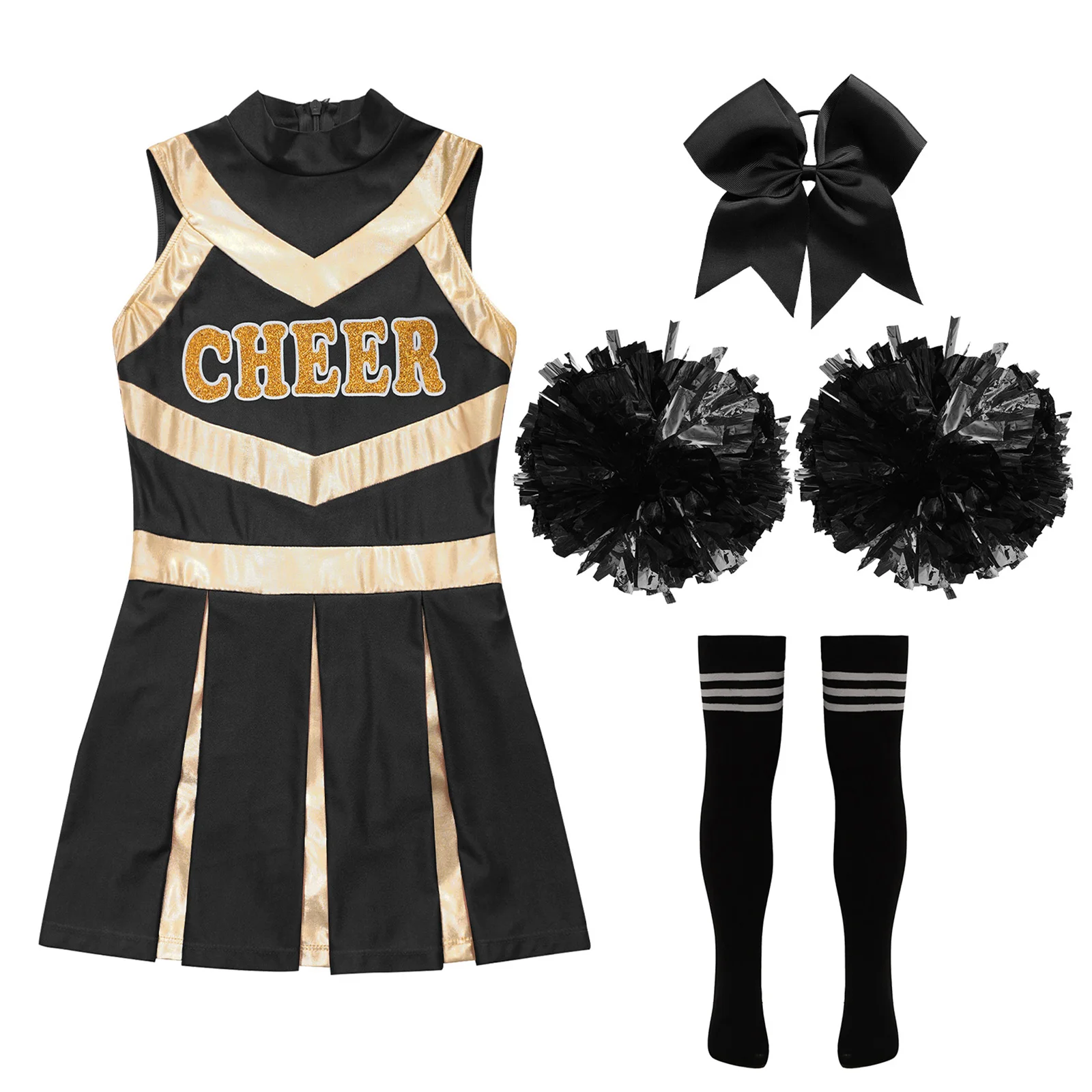 Cheerleading-Uniform für Mädchen, Cheerleader-Outfits, Cheer Dance, ärmelloses Plisseekleid mit Schleife, Kopfbedeckung, Blumenkugeln, Socken