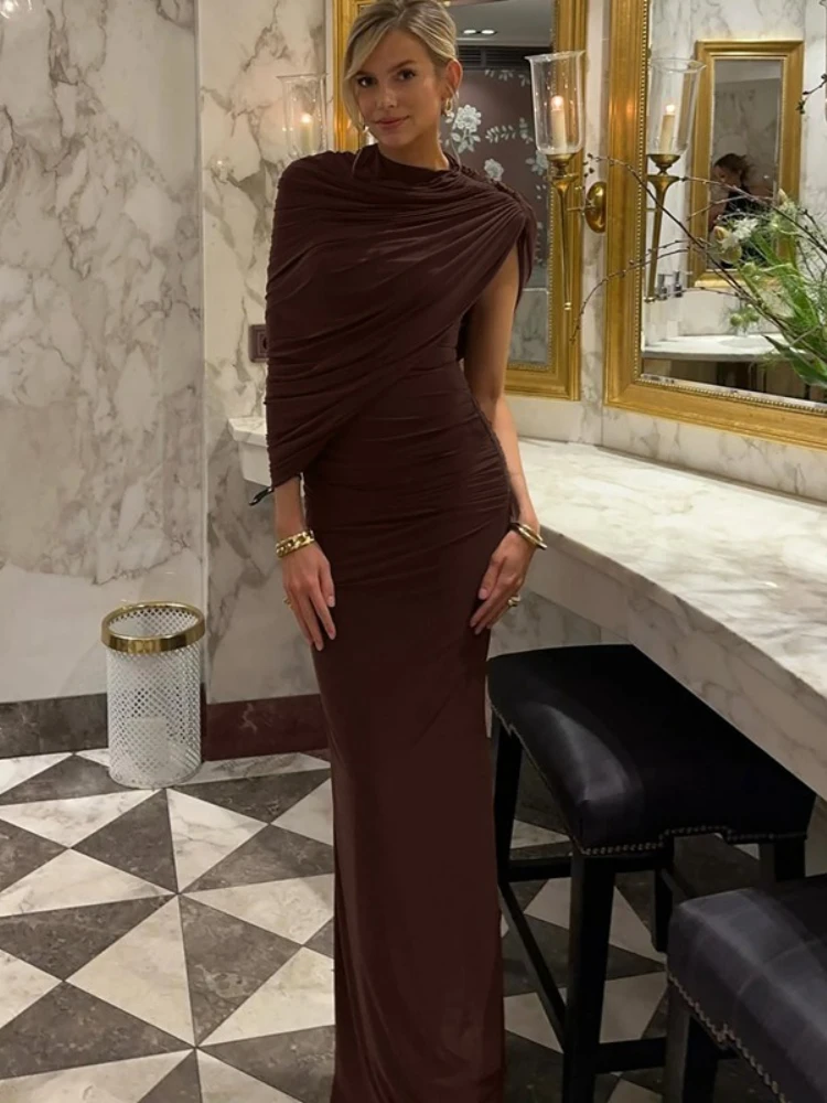 FDYOUI Elegant Chicแขนกุดพับสีน้ําตาลยาวMaxiชุดสตรีสูงเอวBodycon Ruchedไม่สมมาตรชุดราตรี