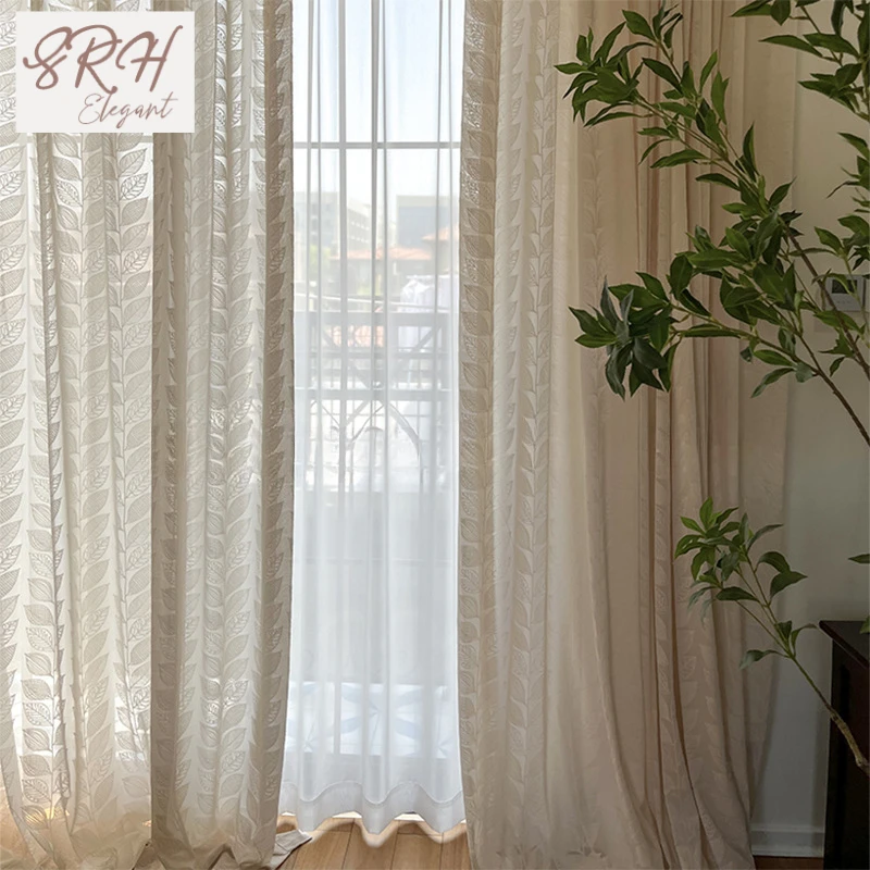 

French Cream Wind Leaf Three-dimensional Relief Curtain for Living Dining Room Window Screen New Impervious Screen Curtain
