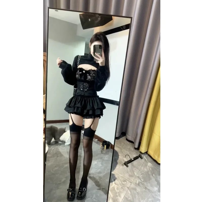 Pure Desire Sexy Vintage 3 Piece Set Women New Casual Y2k Retro Suit Female Long Sleeve Coat + Lace Strapless + High Waist Skirt