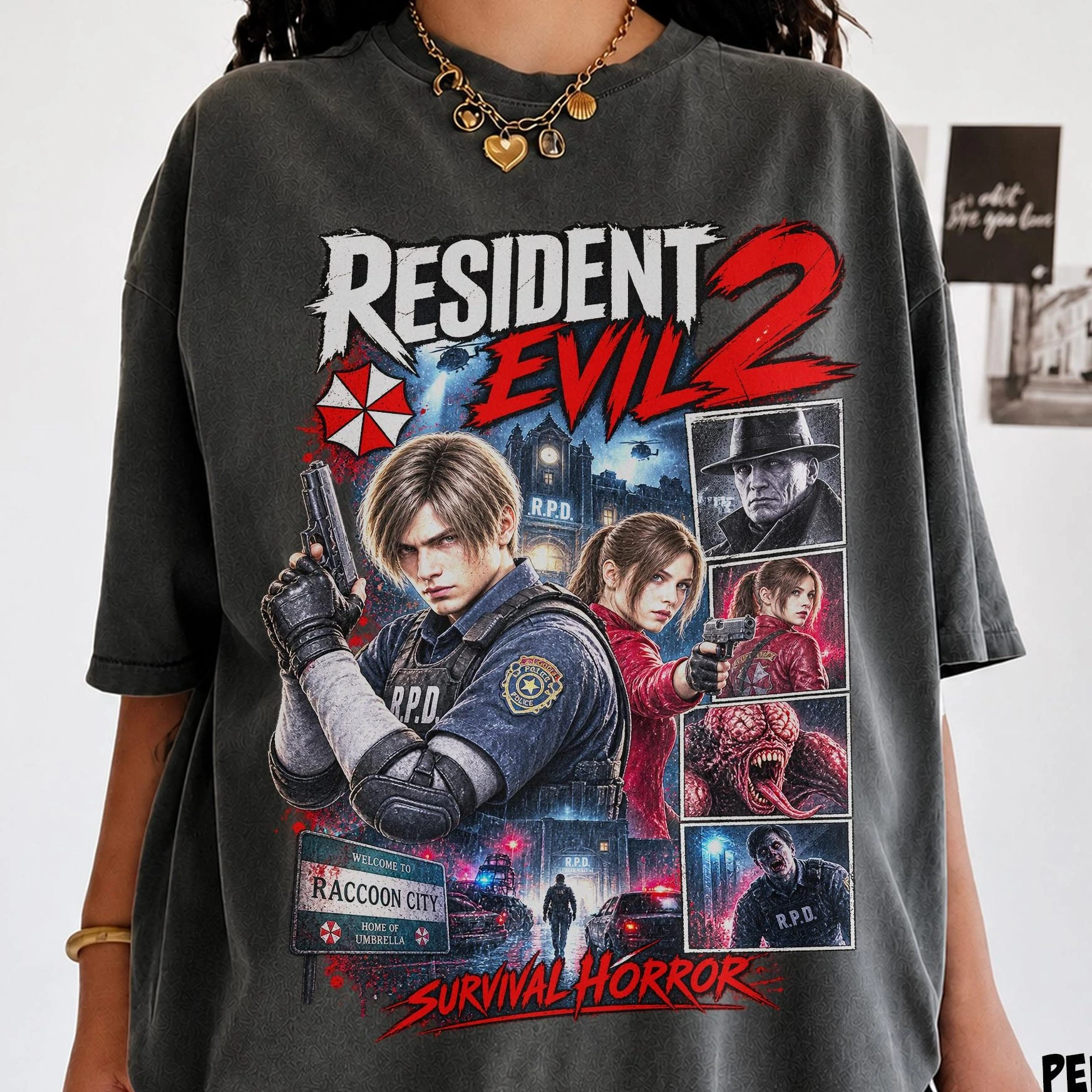 Resident Evil 2 T-shirt, Leon Kennedy T-shirt, Claire Redfield T-shirt, Horror Game Peripheral Women's Daily Outfit