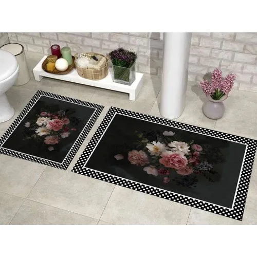 Land Of dowry Elite Lux Rectangular 2'li Bath Mat Pad Flowers Black