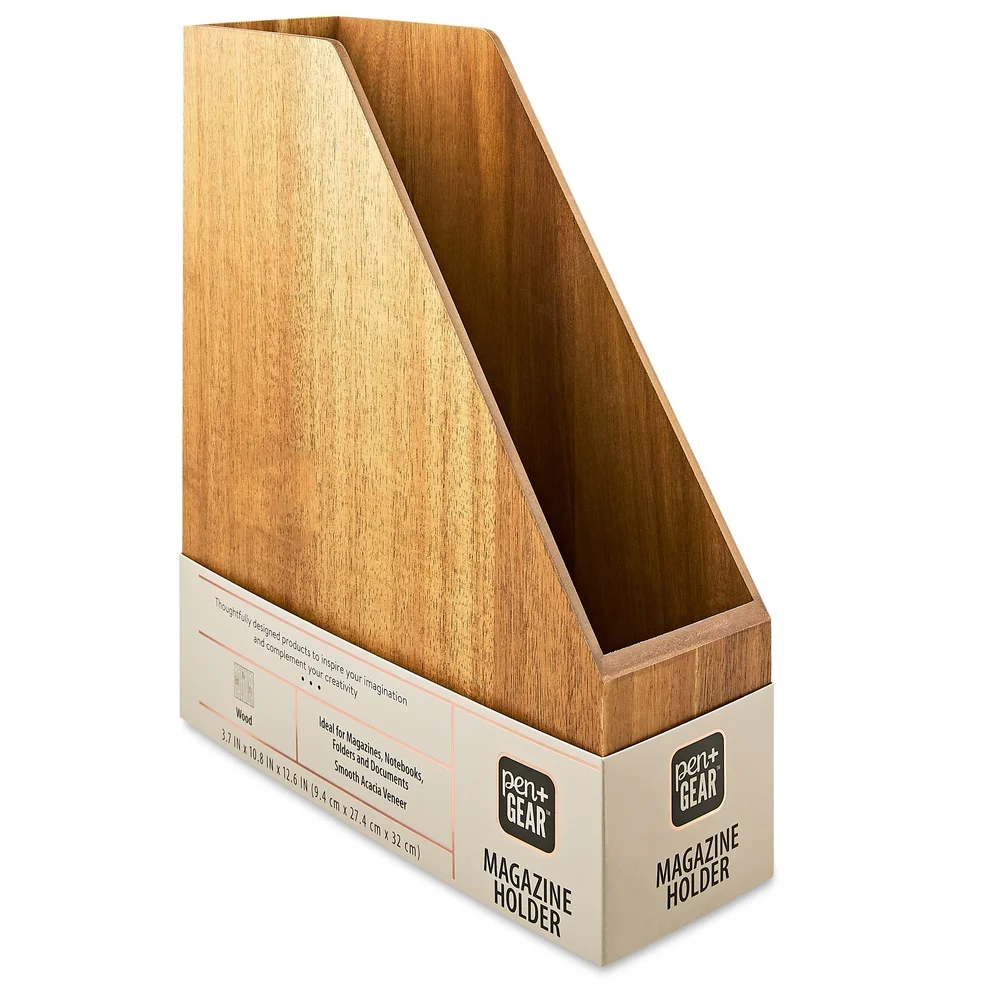 Wooden Magazine Holder Desk Organization Acacia Finish File Storage Clutter-Free Space Holds 12 Magazines Perfect Students