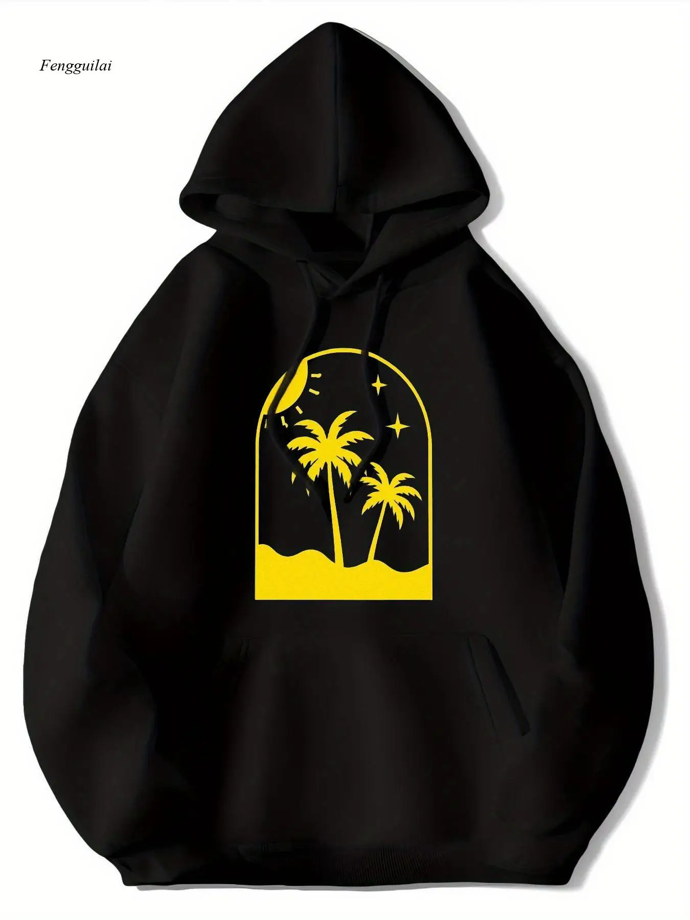 

Толстовка с тропическим закатом — черная с желтой графикой Palm Tree Beach, всесезонный пуловер, мягкий свитер с капюшоном