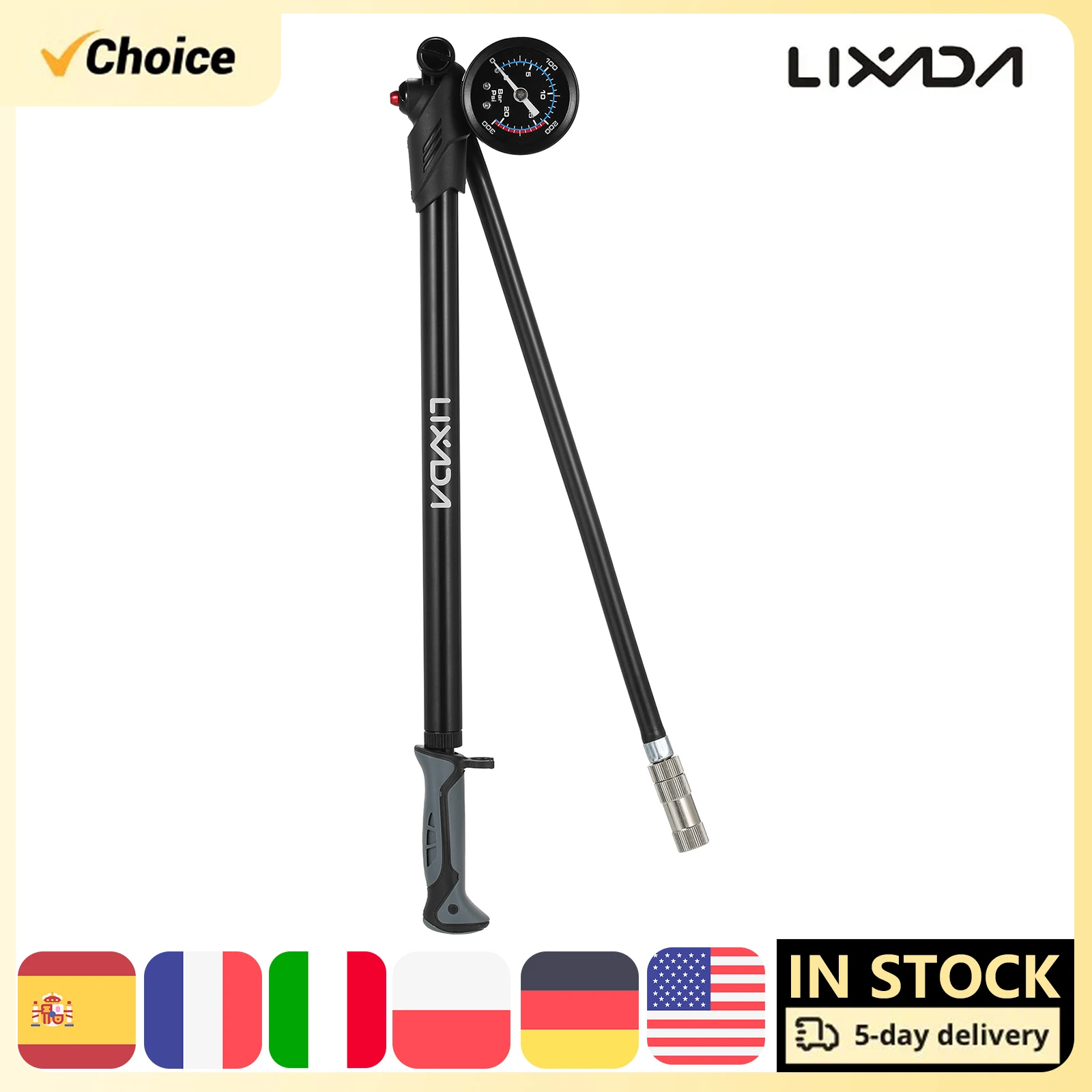 Lixada MP9 Bike Air Shock Pump with Pressure Gauge 300PSI High Pressure Bike Tire Inflator Pump for Bicycle Fork Rear Suspension