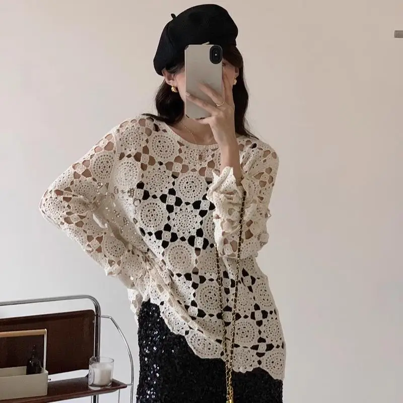 

Весна 2025 г., женская футболка с длинным рукавом, базовая кружевная новая мода, топы, кружевные футболки, повседневные свободные футболки