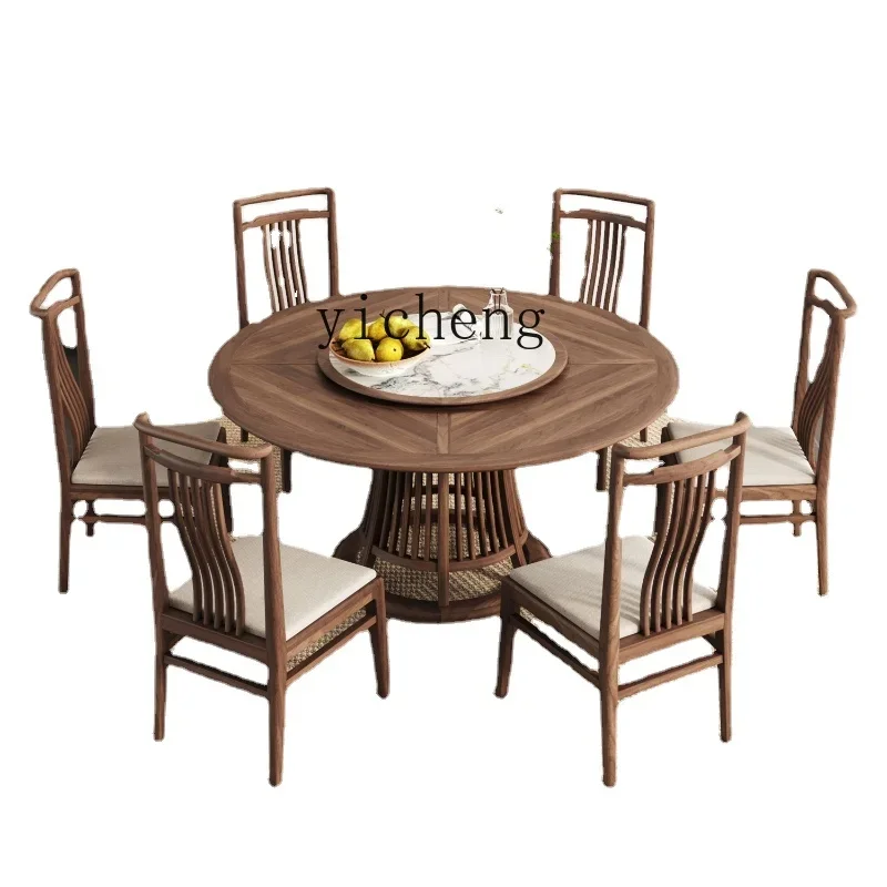 Zk Walnut Solid Wood round Dining Table and Chair Combination with Rock Plate Turntable Household Simple Dining Table