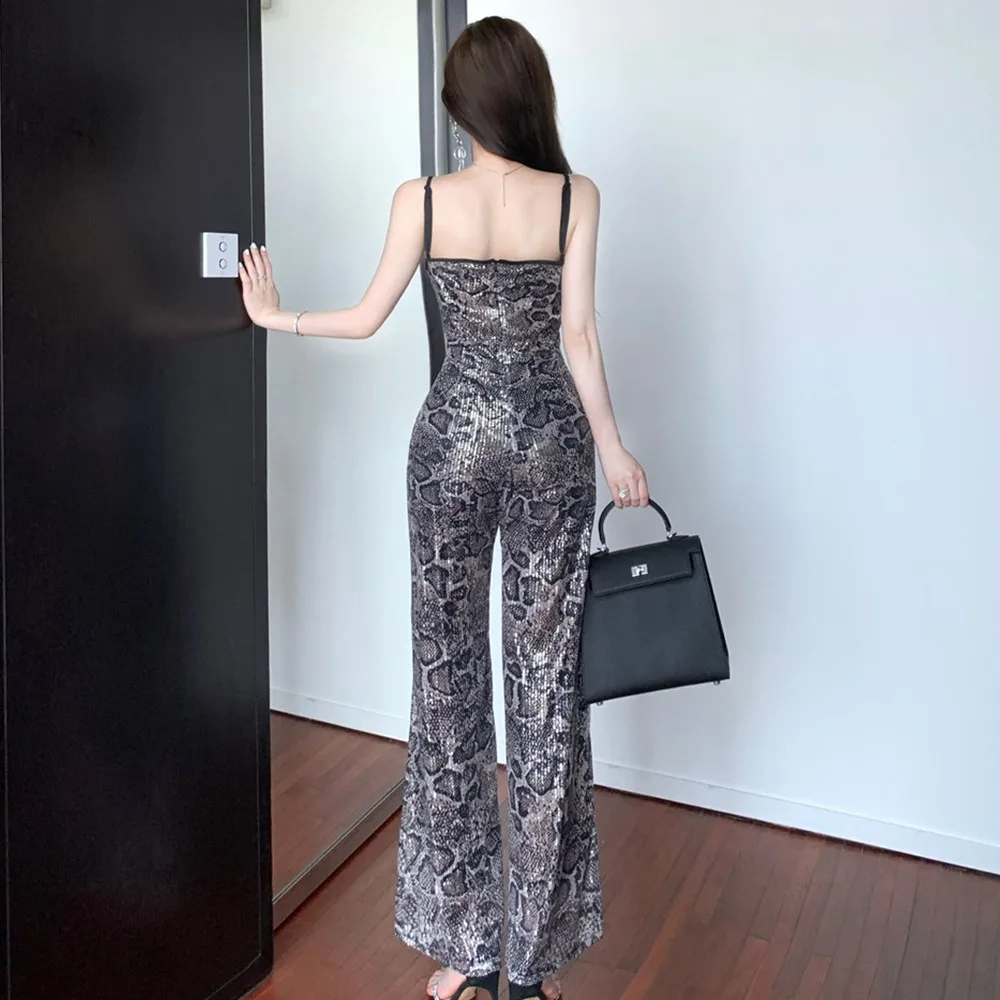 iny Sequin Slimming V-Ne ter One-Piece Summer New Design High Waist Wide Leg One-Piece Suit Polyester Fiber Long Pants