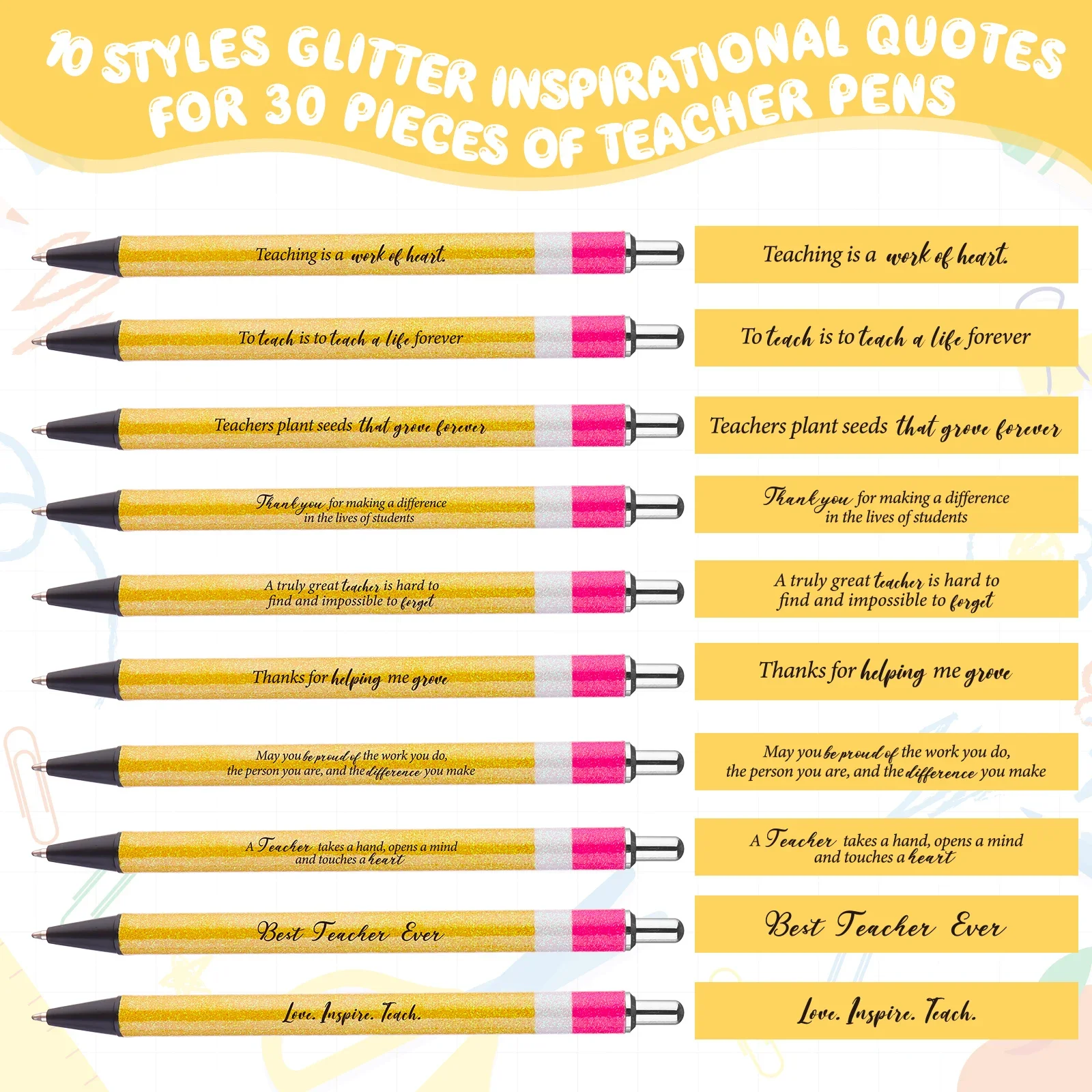 

50 шт., подарки для учителей, вдохновляющие блестящие шариковые ручки, мотивационный подарок учителю «Спасибо», конец года