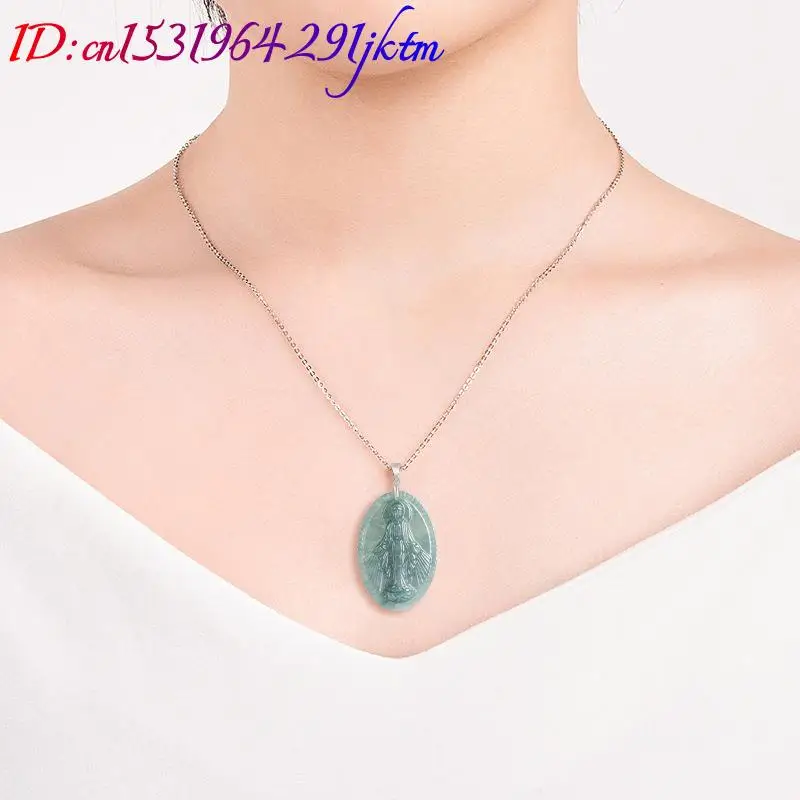 Burmese Jadeite Virgin Mary Pendant Necklace 925 Silver Fashion Accessories Burmese Jade Luxury Talismans Carved Amulet 3