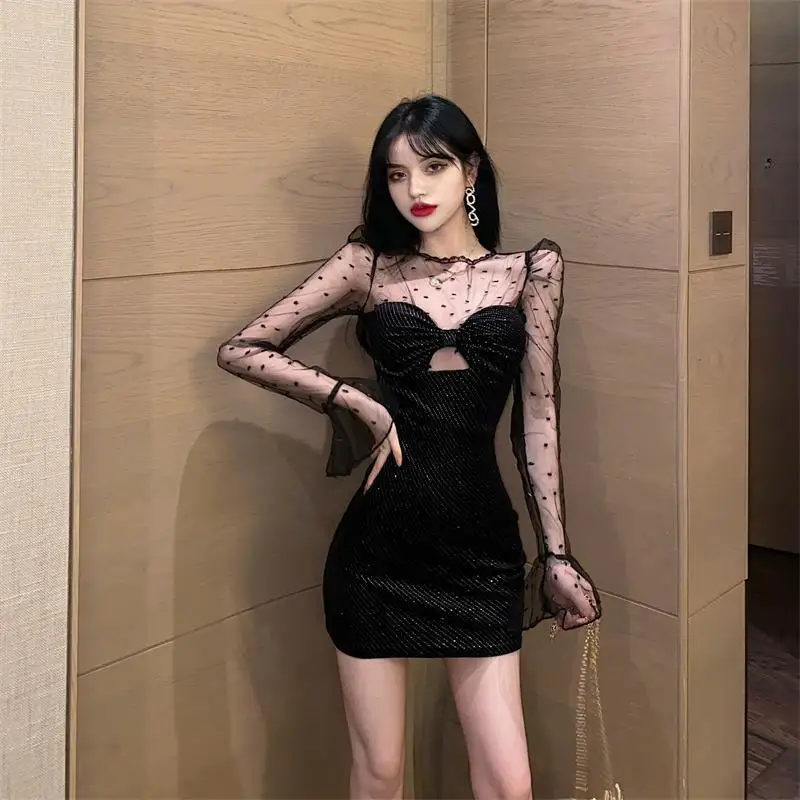 

Celebrity Luxury Sequins Bodycon Wrap Chest Hip Dress Women Spicy Mesh Patchwork Sheer Waisted Slim Long Sleeve Charming Dress