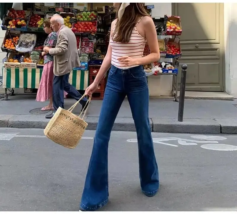 Soring Black Skinny High Waist Flare Leg Blue Jeans for Women Elastic Stretch Flare Jeans Women High Waist Full Denim Pants