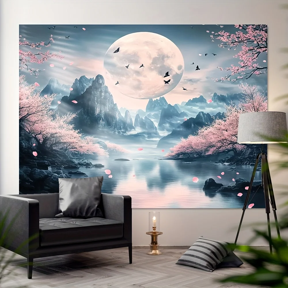قطعة واحدة من نسيج جبل ساكورا والقمر للفصول الأربعة، قماش بوليستر، قابل للغسل في الغسالة، رائع لتزيين المكاتب المنزلية
