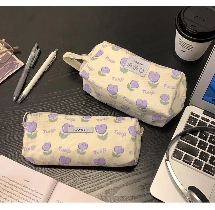 Cute Tulip Print Pencil Case Aesthetic Portable Large Capacity Stationery Bag Creative Pen Box For Girls Kids Students