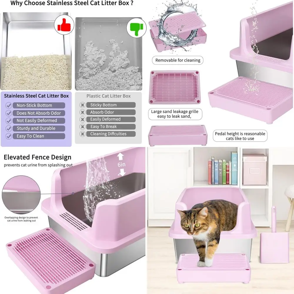 

Large Pink High-Sided Cat Litter Box with Non-Stick Coating - Easy Clean, Ideal for Cats up to 20 lbs, Suitable for Living Rooms